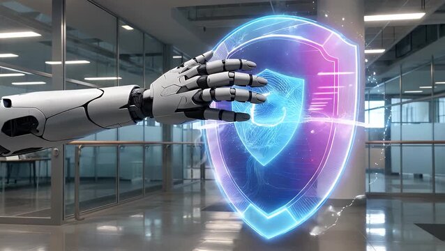 Futuristic Automated Mechanical Hand Engaging with Digital Cybersecurity Defense Shield in Contemporary Workspace Setting
