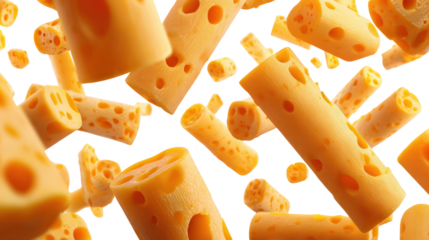 Many pieces of swiss cheese falling and floating isolated on transparent background