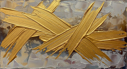 Abstract textured gold brush strokes on a layered background with gray