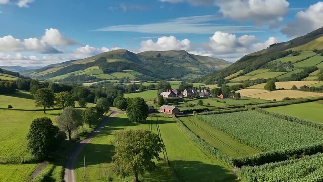 wide sweeping drone-captured panorama of lush wooded river valleys and countryside terrain on bright summer day - Powered by Adobe