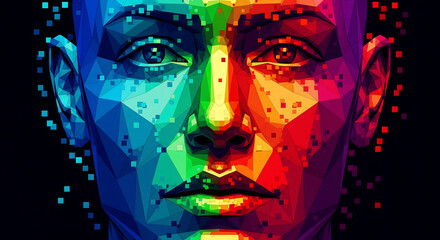 Abstract digital face made of geometric polygons and pixels