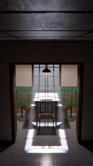 3D render of a minimalist waiting room interior with wooden chairs, table, window light, and green tiled wall. Modern digital environment art.