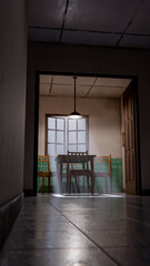 3D render of a minimalist waiting room interior with wooden chairs, table, window light, and green tiled wall. Modern digital environment art.