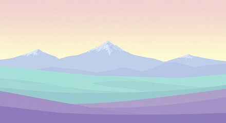 Naklejka premium Pastel colored mountain range vector with pastel meadow in front of mountains. Vector art, pastel colors, dreamy landscape.