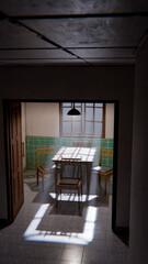 3D render of a minimalist waiting room interior with wooden chairs, table, window light, and green tiled wall. Modern digital environment art.