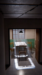 3D render of a minimalist waiting room interior with wooden chairs, table, window light, and green tiled wall. Modern digital environment art.