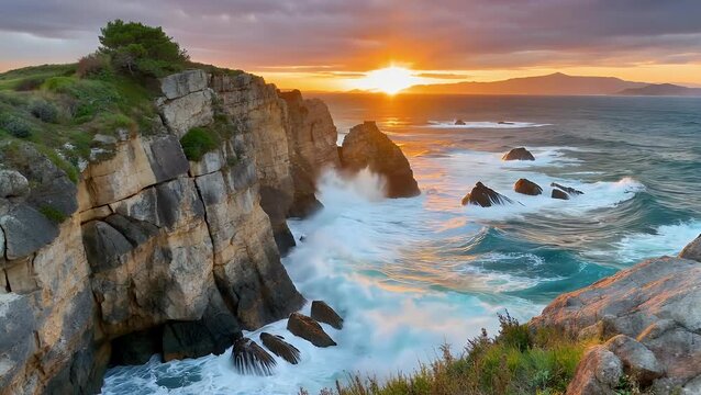 lengthy and descriptive title about panoramic scenic view of ocean waves crashing against rocky coastal cliffs during windy sunset