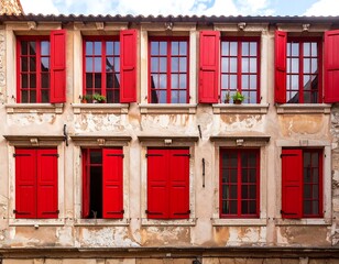 Aged building facade with multiple windows and vibrant red shutters