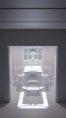 3D render of a minimalist waiting room interior with wooden chairs, table, window light, and green tiled wall. Modern digital environment art.