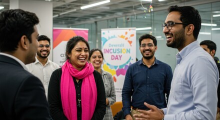 Obraz premium Team collaboration event office space group engaging atmosphere positive energy inclusion day celebration
