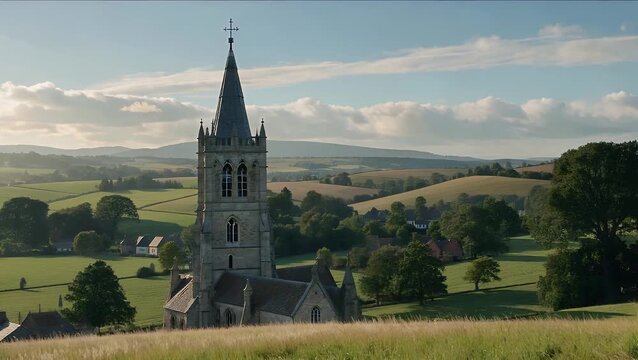 Faraway Perspective of Historic Church Tower Rising Above Picturesque Rural Countryside Landscape in Springtime