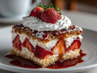 Delicious strawberry shortcake dessert is topped with whipped cream and fresh strawberries on a white plate.