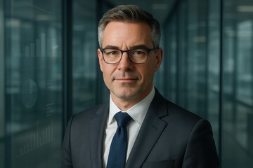 Fototapeta premium Mature executive portrait in sleek office with digital reflections confident middle aged businessman modern corporate technology leadership