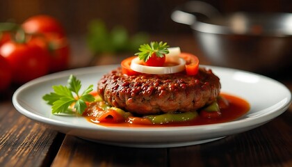 Afghan Chapli Kebab isolated on neutral plate, flattened burger with tomato and onion slices, red light features meat color, clean environment, blurred barbecue utensils.