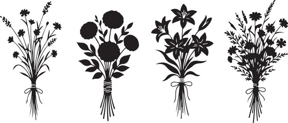 Silhouette bouquets of diverse flowers: Delicate silhouettes of flower arrangements, showcasing floral variations and intricate botanical details.