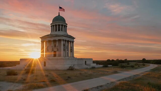 Commemorative Stone Tower Structure Photographed in the Early Morning Light Before Sunrise