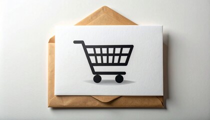 A white card with a black shopping cart icon rests on a brown string-tied envelope atop a wooden surface—symbolizing e-commerce, retail, and consumer goods in a minimal, modern composition.