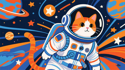Cute Cat in Astronaut Costume Illustrator Artwork Banner Background Design Template 