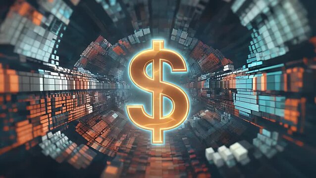 detailed shot of luminous currency designation glowing on computerized backdrop Non-figurative illustration of monetary sign brightened in brilliant tangerine and azure hues on patterned virtual canv