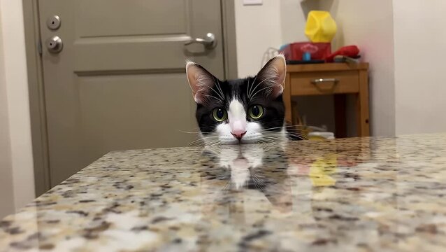 Playful Feline with Large Round Observant Eyes Peeking from Behind Stone Tabletop