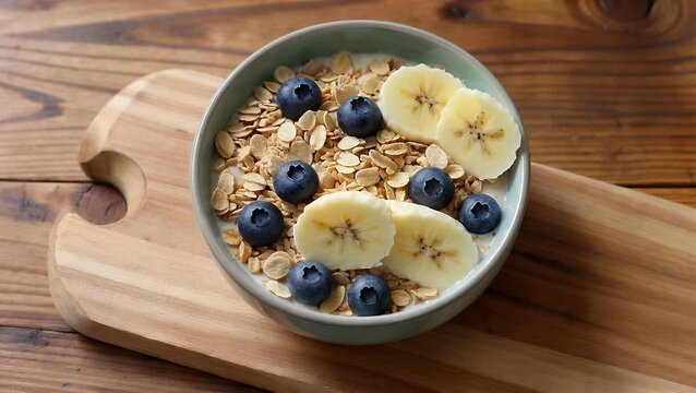 nutritious blended fruit mixture served in bowl and topped with toasted oat clusters, sliced yellow fruit, and small dark blue berries, presented on surface of natural wood