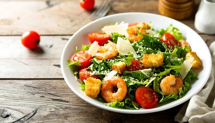 Shrimp Caesar salad with lettuce, croutons, tomatoes