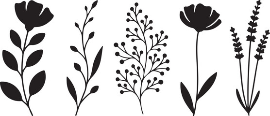 Elegant Floral Silhouettes: An artistic collection of diverse flowers and foliage rendered as graceful black silhouettes, perfect for adding a touch of botanical charm to any creative design.