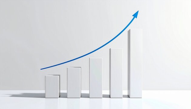 A 3D bar chart with six rising columns and a blue upward arrow—set against a white background. A metaphor for progress and the choreography of improvement through structured ascent and visual clarity.