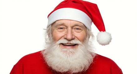 A cheerful man in a red hat and shirt, sporting a full white beard and smiling against a white backdrop, embodying holiday spirit.