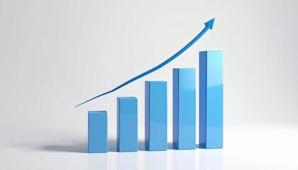 A 3D bar graph with six vertical bars increasing in height from white to dark blue, topped by a curved upward arrow—symbolizing growth, success, and performance in business or data analysis.
