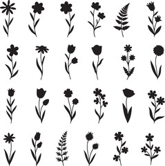 Blooming Silhouettes: A collection of minimalist black silhouette floral illustrations showcasing the delicate beauty of various flowers, evoking feelings of nature's elegance.