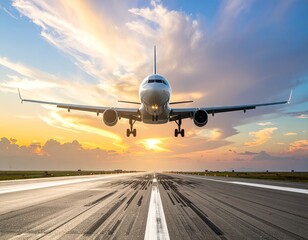 Fototapeta premium Airplane Landing at Sunset