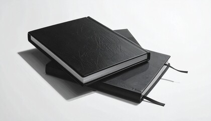 Three black hardcover notebooks with white-edged pages are stacked on a white surface, one showing a gray ribbon—symbolizing minimalism, organization, and modern stationery aesthetics.