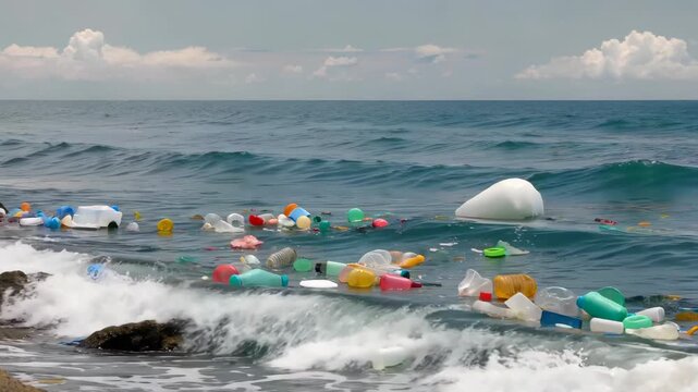 arafficial plastic bottles and other items are floating in the ocean
