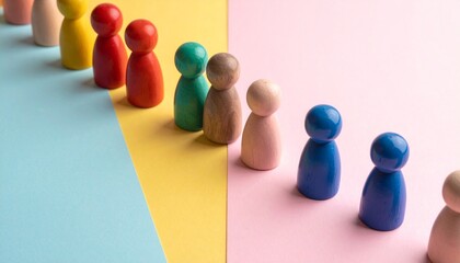 Colorful wooden figurines are split into two lines on a blue-yellow and pink background—symbolizing diversity, division, and group comparison in a vibrant, minimalist visual arrangement.