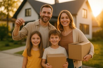 Joyful family celebrating new home ownership in front yard at golden hour smiling parents with kids holding house keys and cardboard moving boxes