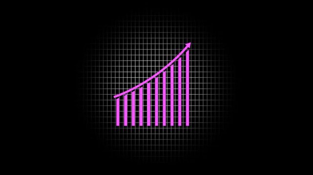 Business growth graph icon concept magenta color grid animation. Financial business progress status of corporate chart icon on black background.