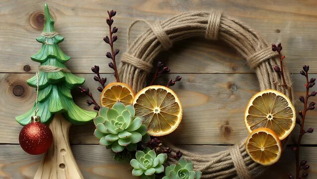 Christmas Wreath Adorned and Decorated with Dried Orange Slices, Cinnamon Sticks, Succulent Plants and Tree Ornaments on Vintage Wooden Background