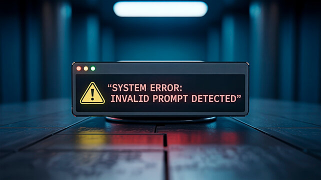 System error alert on digital screen in dark futuristic interior.