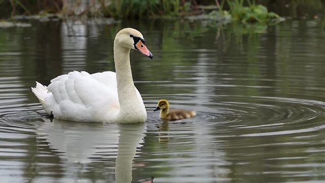 adult mute swan swimming peacefully in pond alongside one of its young cygnets with focus on the mature bird