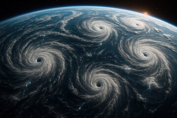 Massive spiral hurricanes and super typhoons swirling across Earth seen from space dramatic cloud walls and lightning showcase extreme weather power