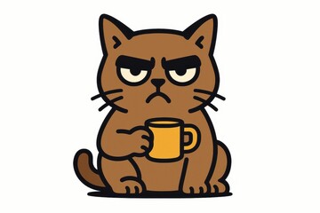 Moody cat character holding a tiny coffee cup minimalist vector on crisp white background cute sarcastic feline mascot for stickers and merch