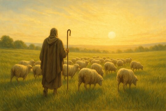 Humble shepherd guiding flock across sunlit meadow with radiant sky and warm haze