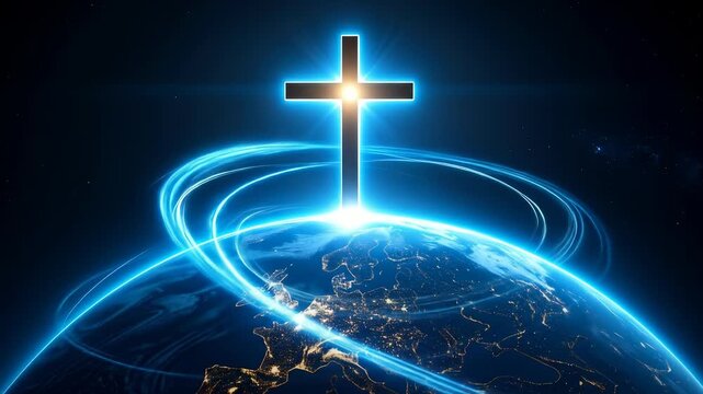 Global Faith: A Christian Cross Over Earth with Digital Connection Lines