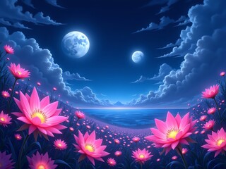 Obraz premium Magical night landscape with glowing pink flowers under a full moon and starry sky.