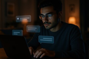 Nighttime home workspace with man using laptop as conversational AI assistant suggests ideas screen glow and modern minimalist tech ambience