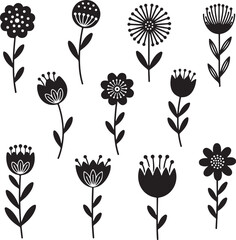 Floral Silhouette Collection: A collection of black and white flower silhouettes showcases various floral designs, offering a modern and elegant touch for creative projects. 