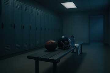 Blue locker room with sports gear on bench low angle dramatic empty team space