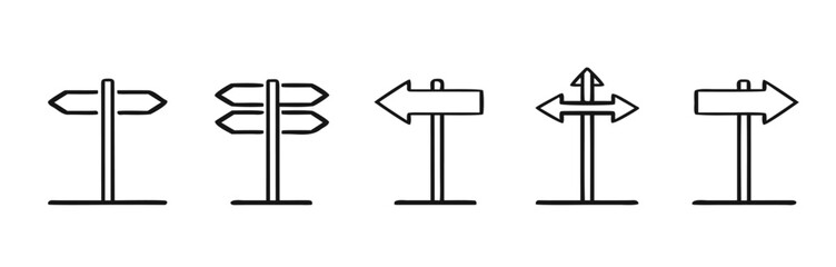 Simple directional signpost icons set .Directional signpost icon with arrows pointing in opposite ways for a choice between different paths or a strategic business decision vector solid glyph icon