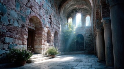 Fototapeta premium Sunlit Interior of an Ancient Stone Building with Arched Windows and Columns and White Flowers In Pots